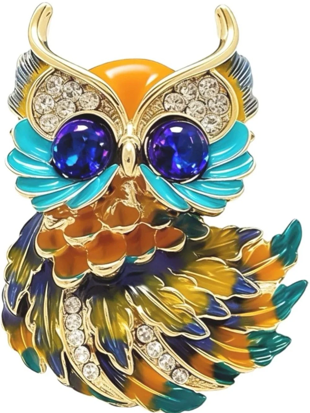 Multicolor Owl Brooch — Turquoise, Purple, Gold, Orange
